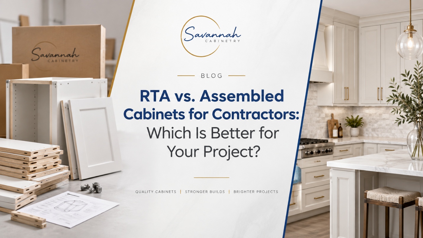 RTA vs. assembled cabinets for contractors showing flat-packed cabinet panels and fully assembled kitchen cabinets side by side.