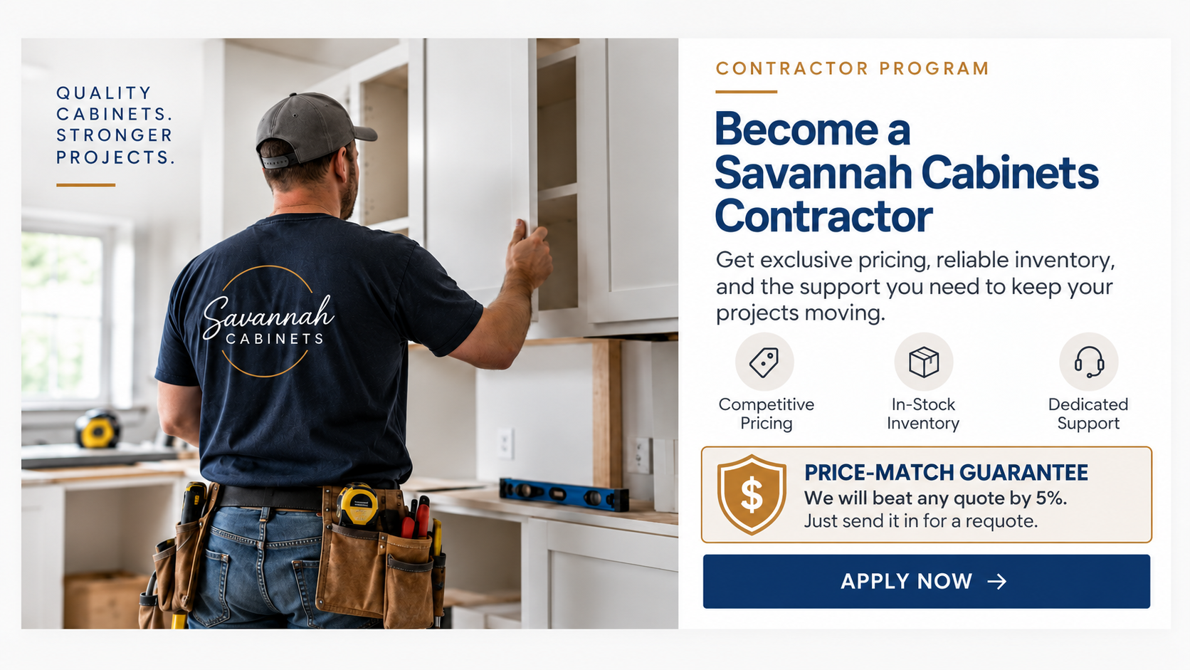 Savannah Cabinets contractor installing white kitchen cabinets, highlighting wholesale pricing, in-stock inventory, dedicated support, and contractor benefits.